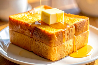 バターとはちみつがたっぷりかかったトーストパンのお皿。