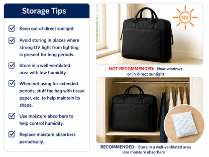 Proper storage methods for a business bag, including keeping it away from direct sunlight, storing it in a ventilated closet, and using moisture absorbers.