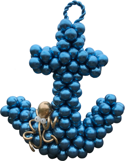 Blauer Anker aus Chromefarbenen Luftballons mit einer goldenen Krake aus Luftballons 