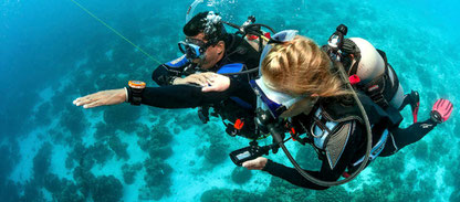 Photo of divers doing a navigation exercice during PADI underwater navigation course in Nusa Penida