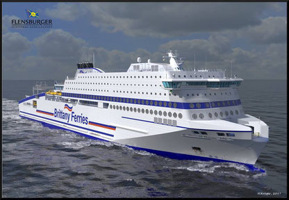 Vue d'artiste du nouveau navire de Brittany Ferries, M/V Honfleur, qui sera mis en service entre Ouistreham (Caen) et Portsmouth en juin 2019.