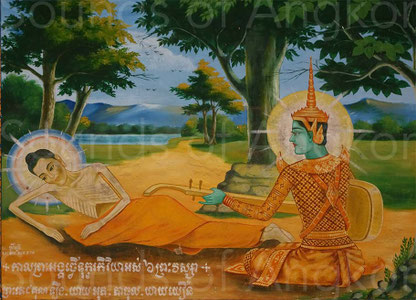 Joueur de chapei devant le futur Bouddha amaigri par un jeûne exagéré. Œuvre contemporaine. Pagode sud d'Angkor Vat.