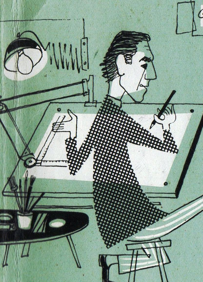 Heinz Traimer am Zeichentisch 1958. Selbstporträt (Ausschnitt aus der Geburtsanzeige für Michael Traimer).