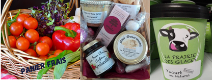 composer votre panier de produits frais en direct des producteurs, on y voit des fruits et légumes, de la glace fermière en pot, de la confiture, etc.