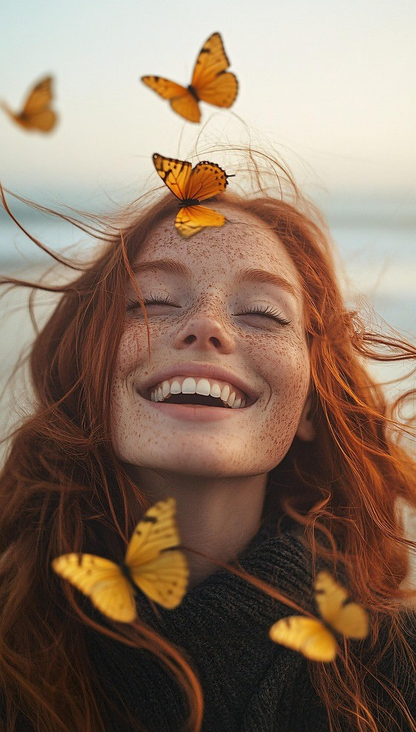 Lachende Frau mit Sommersprossen und geschlossenen Augen, umgeben von Schmetterlingen als Symbol für tiefe Metamorphose