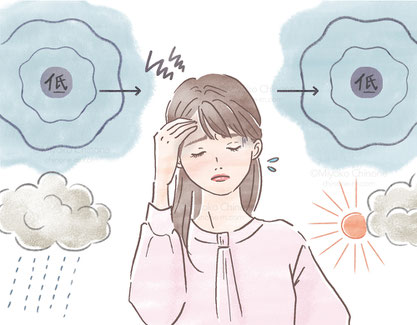 低気圧頭痛で悩んでいる女性のイラスト