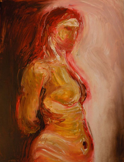 Een geschilderde vrouw, acryl, met mengingen van wit, donkerbruin, rood en oker. Achter haar rug is het donker, voor haar is het licht.