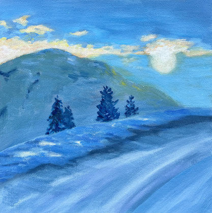 Wintersonne Schnee Acryl auf Malpappe blau weiss