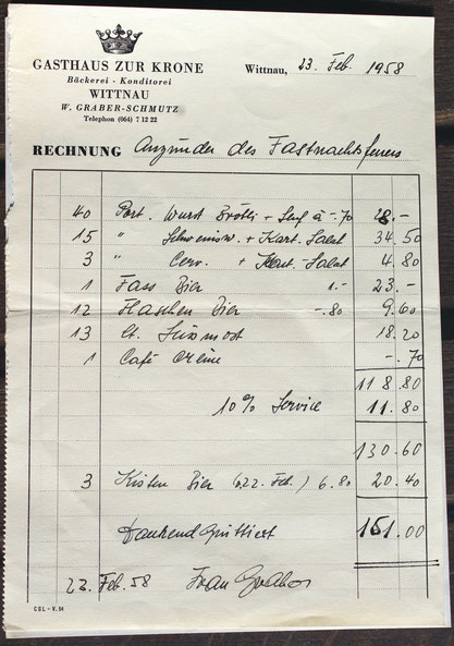 Rechnung für die Anzünder des Fasnachtsfeuers im Februar 1958                   (Familienarchiv P.S., Wittnau)