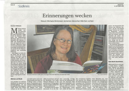 Bericht Neue Osnabrücker Zeitung über die Arbeit von Michaela Brinkmeier als Märchenerzählerin, Harfenspielerin, Märchenbuch-Herausgeberin und Harfentherapeutin im Landkreis Osnabrück. Als Erzählerin, bin ich in NRW und Niedersachsen unterwegs.