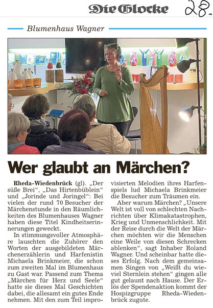 Artikel in der Tageszeitung "Die Glocke" vom 28.10.23 über den Auftritt von Michaela Brinkmeier mit Märchenerzählen und Harfe im Blumenhaus Wagner, Wiedenbrück