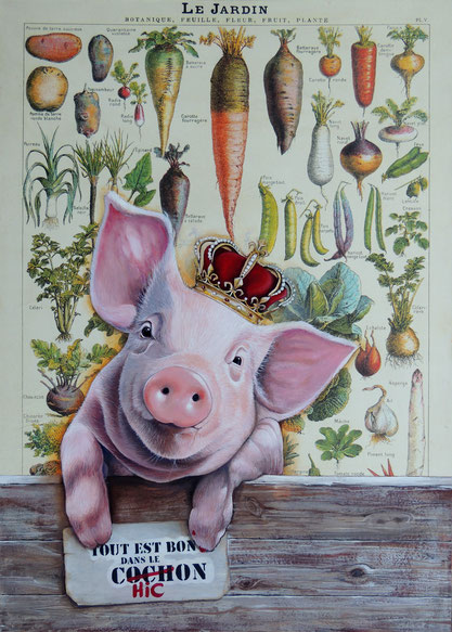 Painting art et humour pigg vegetables cochon les legumes du jardin - tous vegan ?