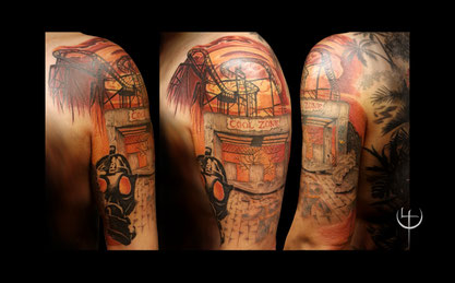 Fallout, Gamer, Tattoo, Gasmask, cool, Oberarm, Farbe, farbig, Endzeit, abandoned, verlassener Ort, Pip Boy, Videospiel Tattoo, Atom, postapokalyptisch, Raider, Supermutant, stählerne Bruderschaft, Vault, Fallout Serie, Fallout new vegas, Fallout 4,