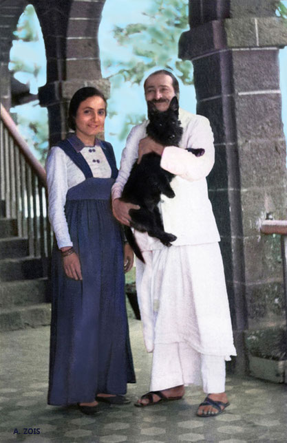 1943 : Mahabaleshwar, India. Meher Baba with Mehera & Cracker the Scottish Terrier. Image rendered by Anthony Zois.