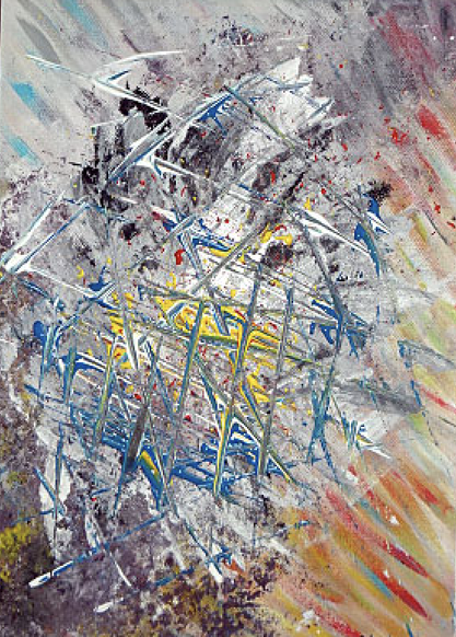 Peinture, abstraite, thon, rouge, bleu gris et violet, assurer évoquant envisage effacé une réflexion sur la transformation œuvre de Nine artiste, peintre à Trans en Provence
