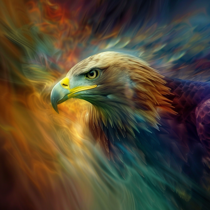 Ein Adler seitlich schaut nach links umgeben von Lichtreflexen und Lichtspielen im Stiel von Wasserfarbmalerei, in den Farben, gelb, orange, grün, blau, violett, rot und hell braun