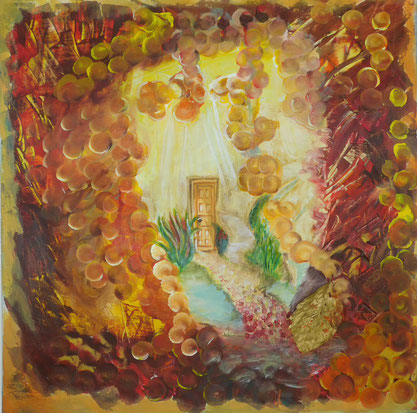 Raum unter der Zeit: abstraktes Bild aus Acrylfarben in beige und rot-Tönen mit einer Brücke, die zu einer Tür führt
