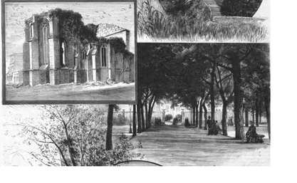 Fragmento dunha lámina titulada "Pontevedra pintoresca" na publicación de Ilustración española y americana, XXX, 30, de 1886. Na parte central da lámina está a alameda delimitada por unha cerca