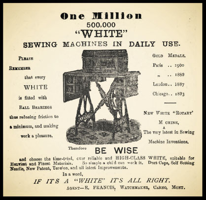 Vintage 1902 advertisement for White Sewing Machines featuring an illustration of a sewing machine, emphasizing over 500,000 machines in daily use. The ad boasts of White's gold medals from international expositions in Paris, London, and Chicago.