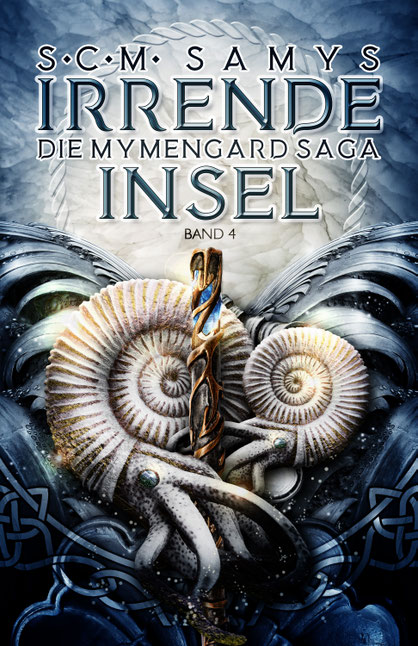 Episches High Fantasy Cover mit Wellen, Nauilusmuscheln und Druidenstab