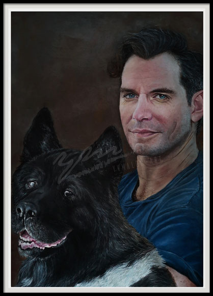 Henry Cavill and his Dog Kal. Painting from Henry Cavill an his Dog Kal in oil. yvmalou, Yvonne Wegmund, oilpainting, actor, superman
