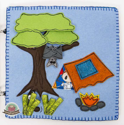 Spielbuch Quiet book Nähanleitung Schablonen Zelt Wald Camping