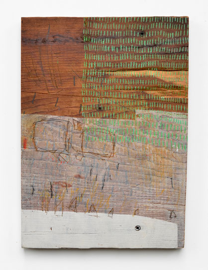 Plank No. 4, acrylic & drawing media on 3/4" reclaimed pine, 11 3/4"x 8 1/2", $ 375