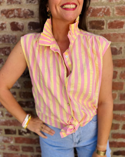 VETEMENT FEMME CHEMISE SANS MANCHES RAYURES JAUNES ET ROSES CHARLIOR