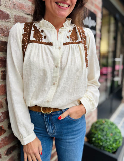 VETEMENT FEMME BLOUSE ÉCRU BRODERIE CHOCOLAT BOHEME CHARLIOR