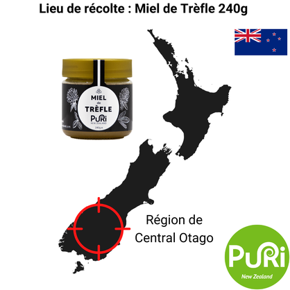 Miel de trèfle de Nouvelle-Zélande Puri New Zealand, carte central otago et Nouvelle-Zélande