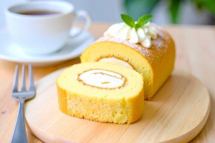 生クリームがたっぷりのロールケーキ。コーヒーの入ったカップ&ソーサ。