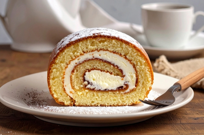カットされたロールケーキがのったお皿とフォーク。