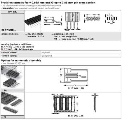 BL 17 SMD 表面実装用連結ソケット2.54mmピッチ ライトアングル カタログページ