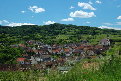 Dorf in Reblandschaft, blauer Himmel mit weißen Wolken