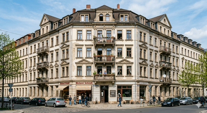 Mehrfamilienhaus in Deutschland mit mehreren Wohnungen und Balkonen als Symbol für Altbau Gebäudeversicherung und Wohngebäudeversicherung für privat genutzte oder vermietete Immobilien.