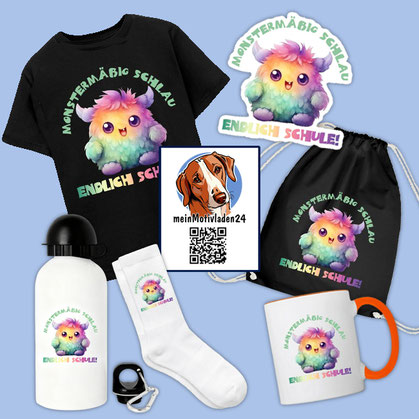 Geschenkideen-Set mit buntem Monster-Motiv und Spruch „Monstermäßig schlau endlich Schule“ auf T-Shirt, Tasse und mehr.