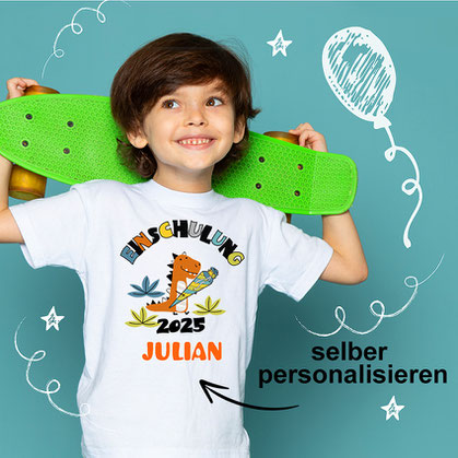 personalisierbares T-Shirt Einschulung, Motiv orangener Dino mit Zuckertüte