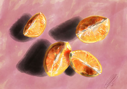 Orange pieces on the tablecoth, shades of yellow and red, digital art, procreate, stil: watercolor, pencil, pastel, 2026