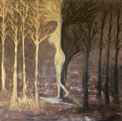 peinture acrylique représentant deux femmes-arbres dorées et noires avec des arbres autour
