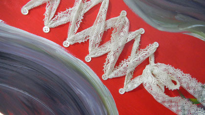 Dentelle - Couture de boutons et dentelles et huile sur toile peinte à la résine - 46x55