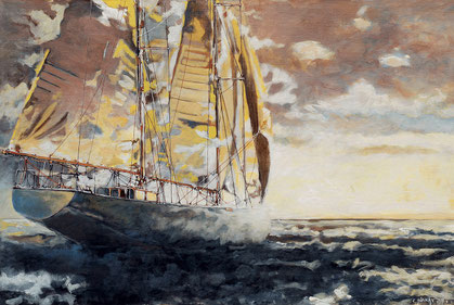 voilier au voiles jaunes vue de la poupe vers un couher de soleil