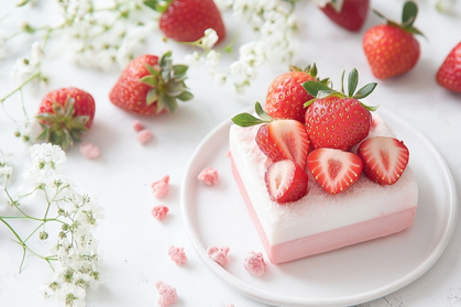いちごがたっぷりのったムースケーキのお皿とカスミソウ。
