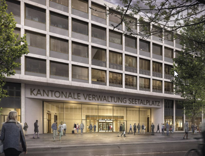 Durch das kantonale Verwaltungsgebäude entsteht eine Begegnungszone für die  Mitarbeitenden und die Bevölkerung des Kantons Luzern. (Bild: Max Dudler Architekten)