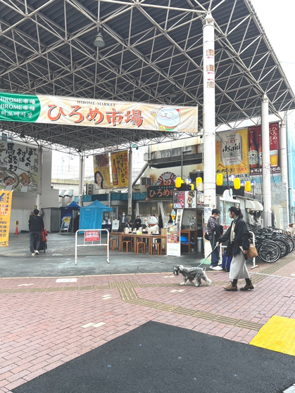 高知市の地元民も観光客も集まる昼から飲める施設"ひろめ市場"前をミニチュアシュナウザーと散歩する女性