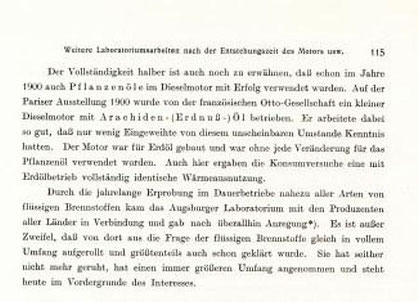 Bild 7: Textstelle aus dem 1913 erschienenen Buch von Rudolf Diesel, in dem er den Erdnussöl-Betrieb eines auf der Pariser Weltausstellung gezeigten Dieselmotors erwähnt. 