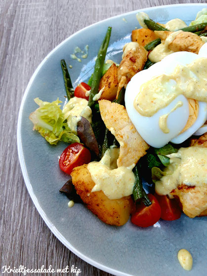 Lentesalade met krieltjes, kip en boontjes