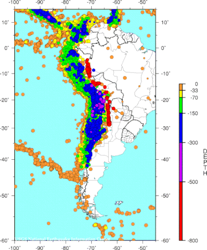 Carte de la sismicité de la côte ouest de l'Amérique du Sud. Sources: http://www.cnrs.fr/cw/dossiers/dosgeol/01_decouvrir/02_subduction/04_subduction_plaques/01_terrain/img/grandes/02a/02a.htm