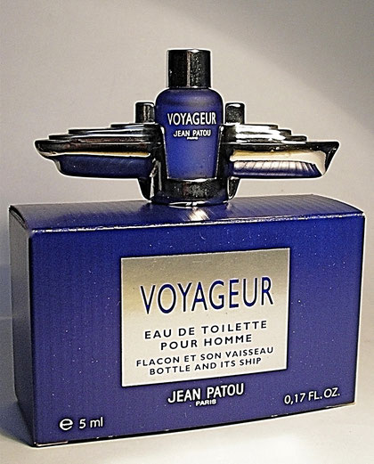 VOYAGEUR - MINIATURE EN FORME DE VAISSEAU, EN VERRE BLEU DEPOLI ENCHASSE DANS METAL ARGENT : EAU DE TOILETTE POUR HOMME 5 ML