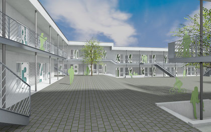 Übergangsunterkunft Kelmesberg Kupferstadt Stolberg, Visualisierung mit Blick in den Hof