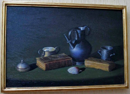 Conchiglia e libri, 2007. Olio su tela